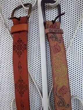 2 Genuine Cowhide Ornate Leather Belts Size Small With Brass Buckles.